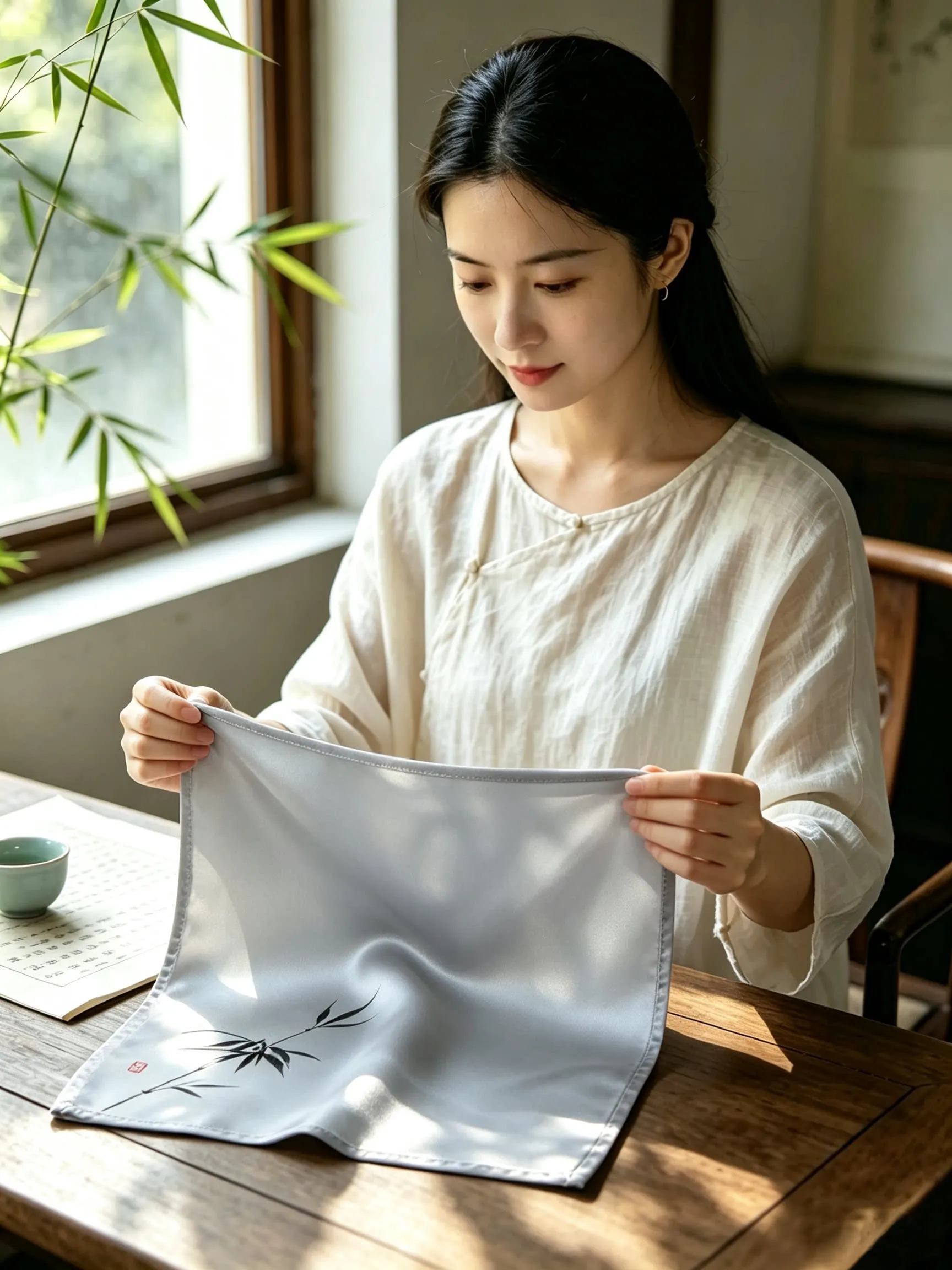 Chinese Style Ink Bamboo Orchid Print Light Gray Acetate Handkerchief Absorbent Lucky Auspicious Gift For Daily And Business Use