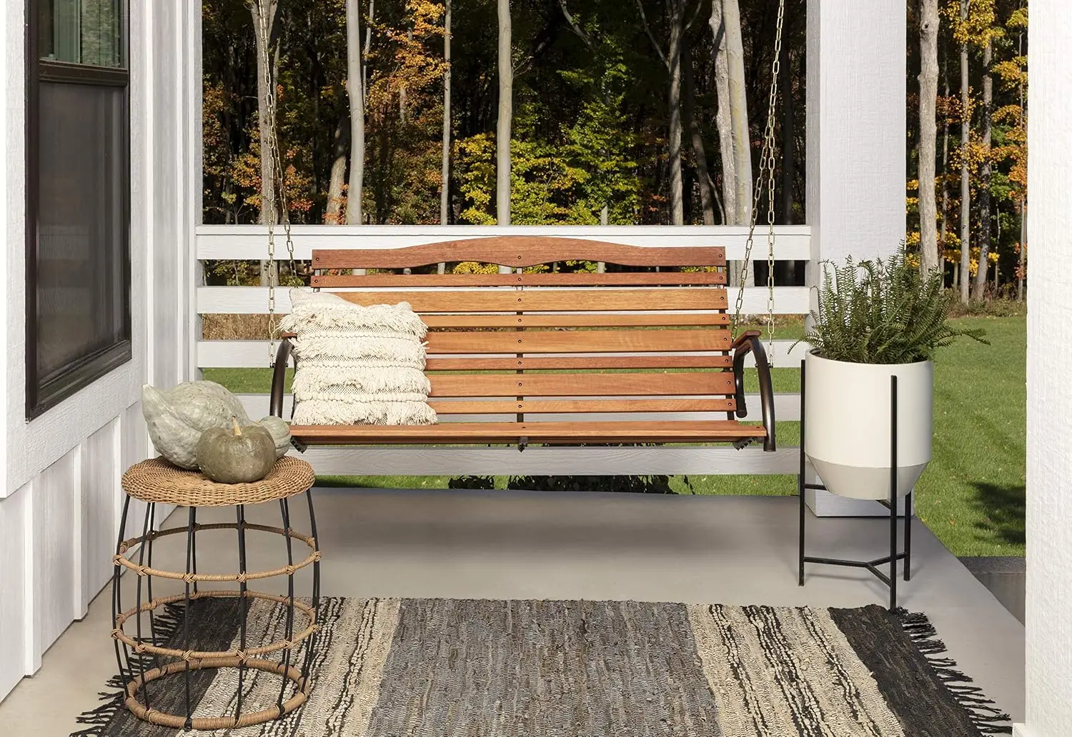 Outdoor Patio Swing Powder Coated Steel Frame Wooden Seat with Chains 500 Pounds Capacity, Customized