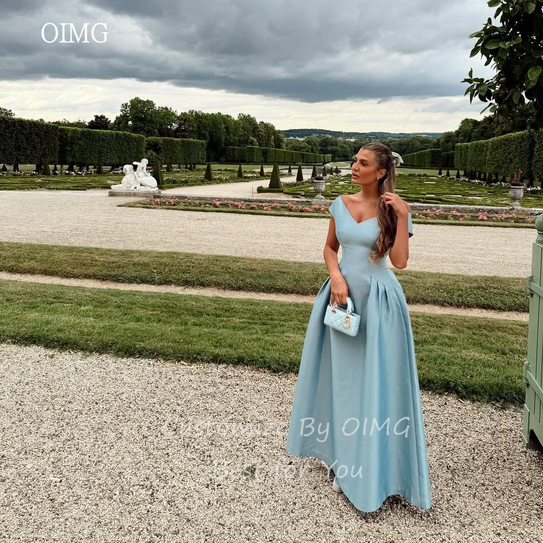 Oimg azul fora do ombro uma linha vestidos de baile cetim sem costas formal vestido de festa tornozelo comprimento vestido de noite personalizado