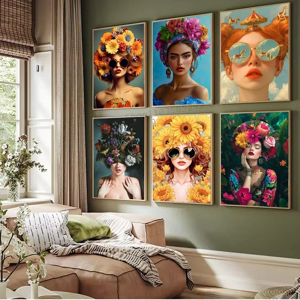Nordic Bohemian Glasses Woman with Flowers Canvas Poster Bird Woman Portrait Wall Art Prints for Living Room Bedroom Home Decor