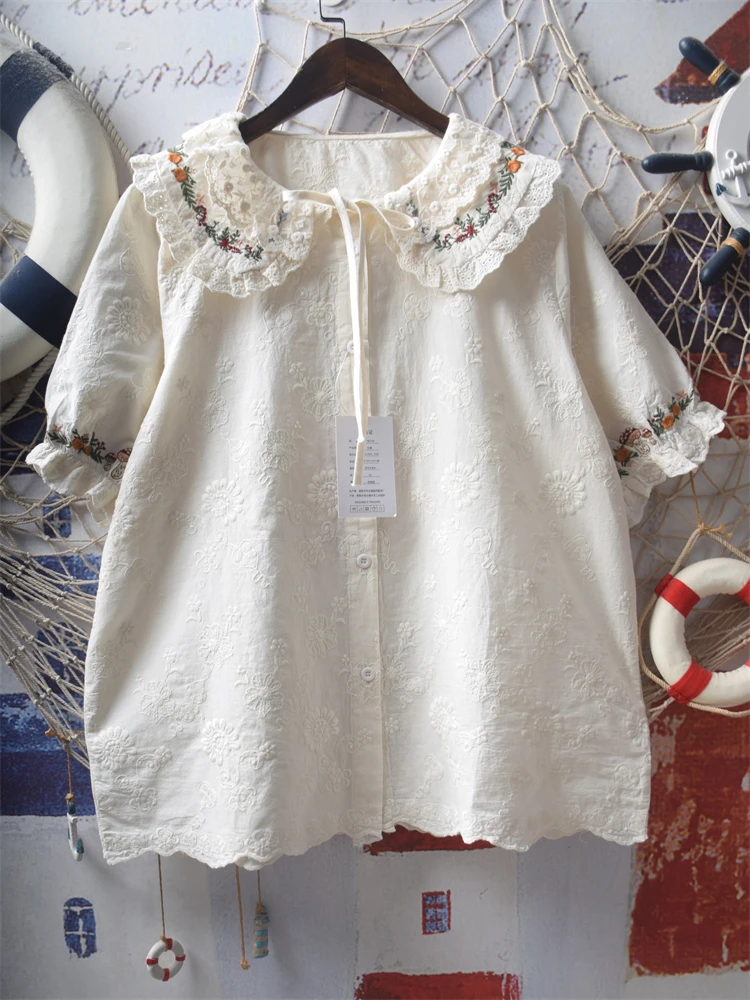 

Japanese Sle Soft Girl Heavy Embroidery Lace Patchwork Doll Collar Bow Tie ort Sve irt Women's Top Cotton Pure Color
