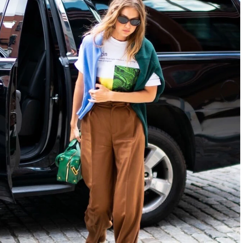 

Брюки Gigi Hadid с высокой талией и широкими штанинами, повседневные, свободного кроя, в уличном стиле, модные, как у знаменитостей, длинные, из полиэфирного волокна