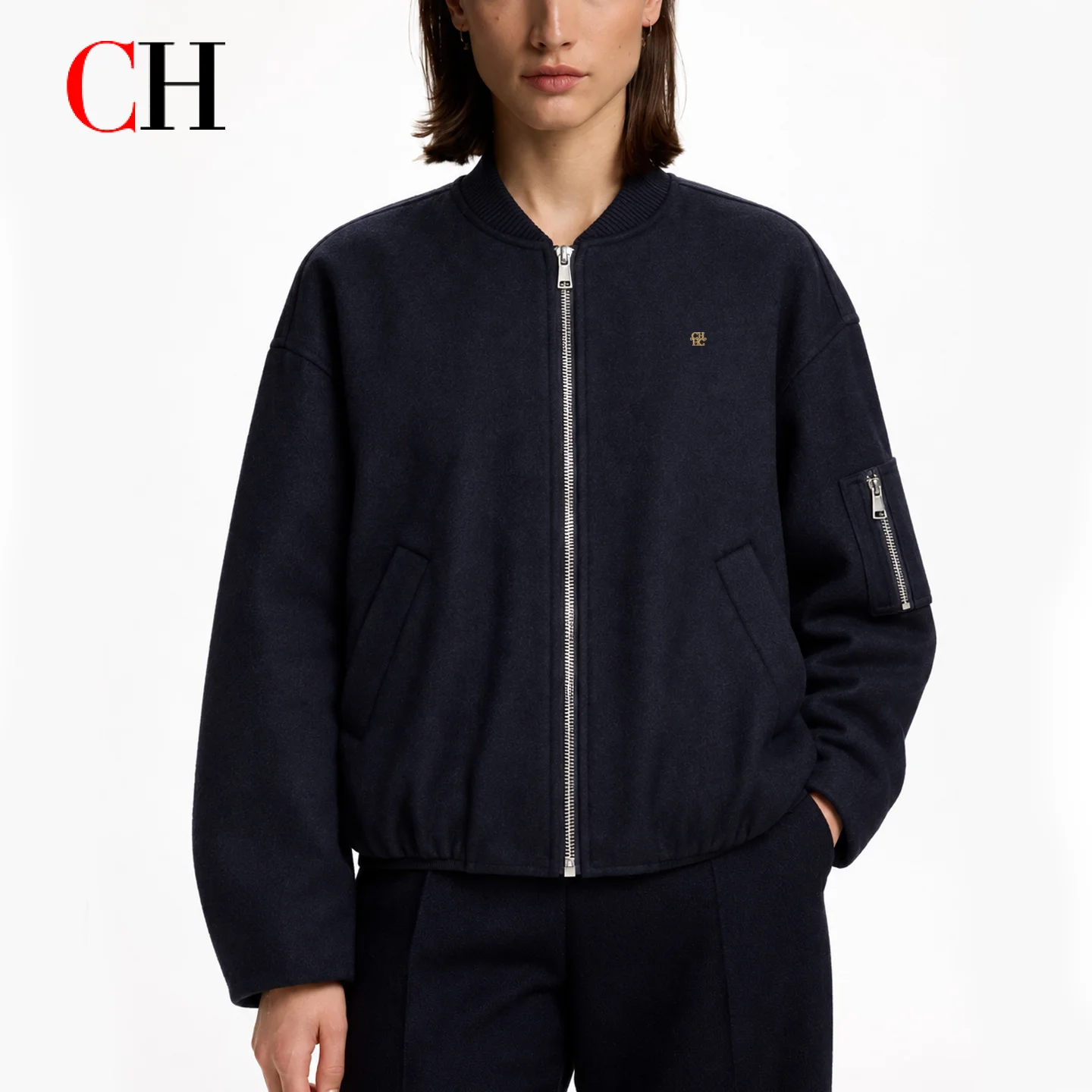 CH Women Bomber Jacket Zip Up Casual Coat Stand Collar Long Sleeve Oversized Flight Jacket Streetwear Fashion Outerwear
