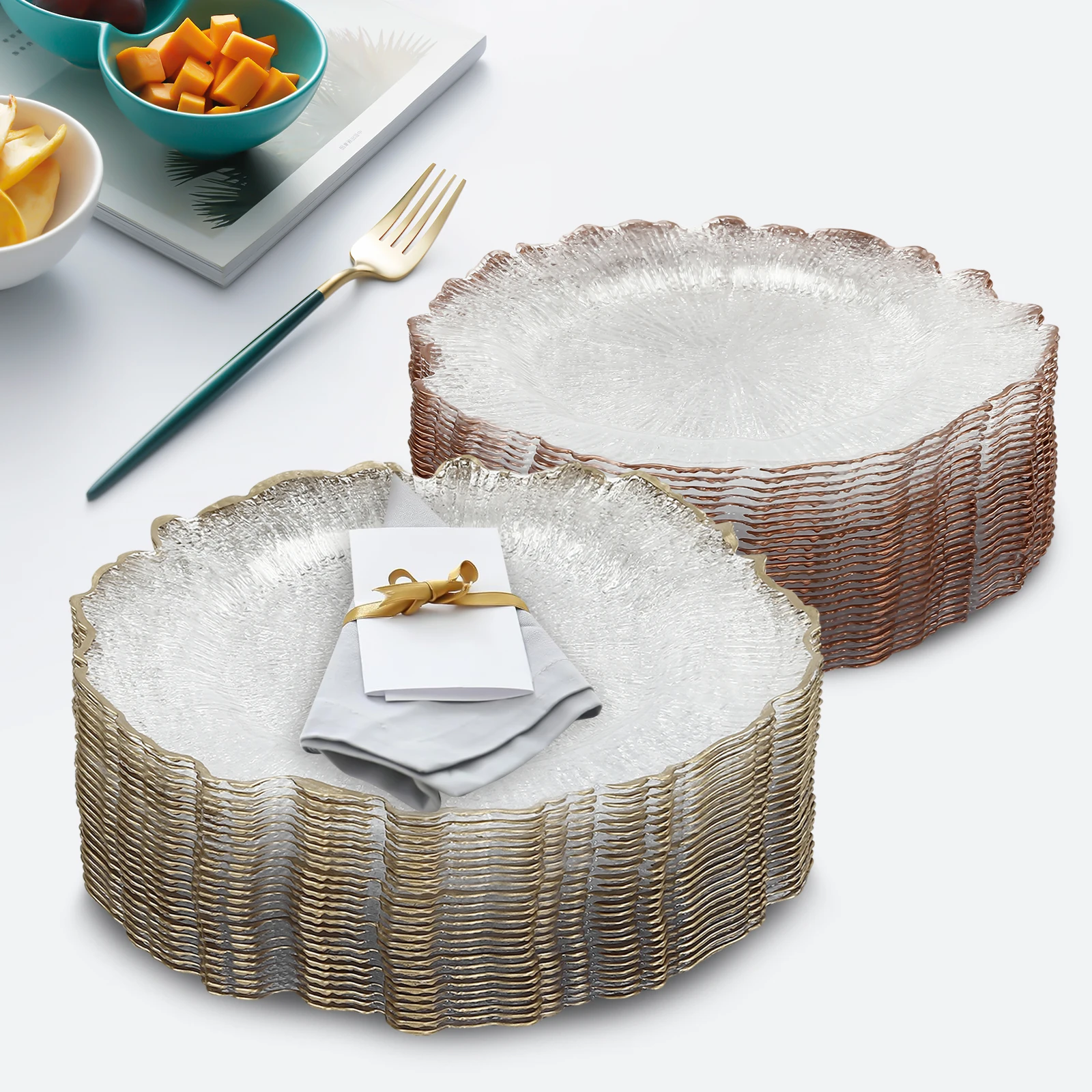 

Тарелка для зарядного устройства, прозрачные пластиковые сервировочные тарелки для зарядного устройства 32 см с ободкой, 25 шт. для свадебной вечеринки, десерта, набор одноразовых обеденных тарелок