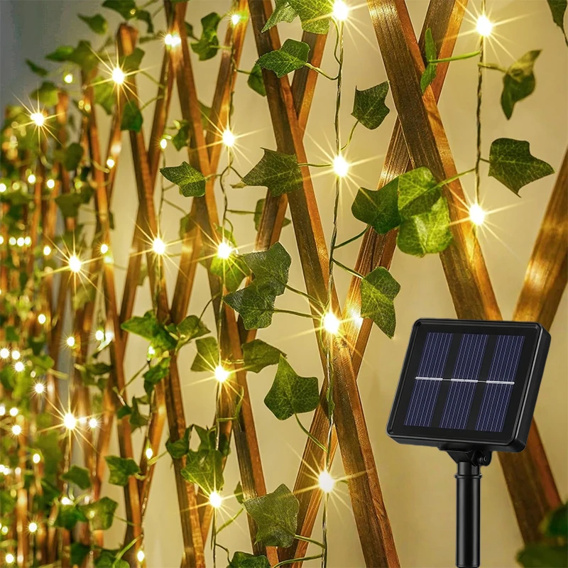 7M50LED-12M100LED Solar Ivy Leaf Lights, 8 Modes IP54 Waterproof Warm White Vine String Lights for Garden Patio Holiday Decor