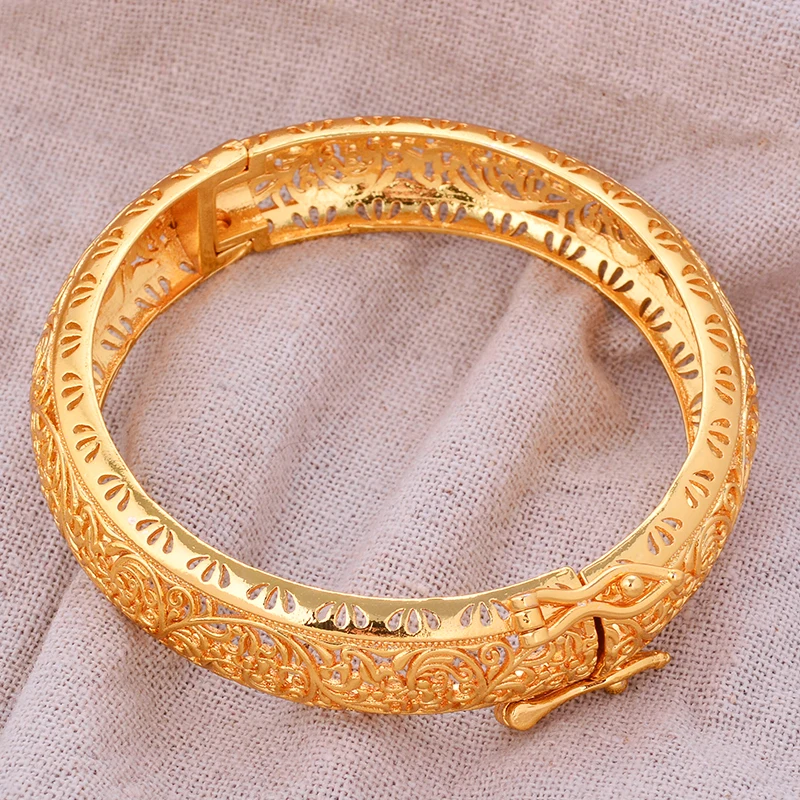 Dubai Gold Color Bangles For Women African Bride Wedding Banquet Party Bracelet Jewelry Gifts Arabic Charm Flower Shape Bangles