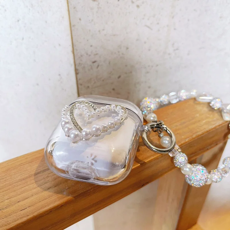 Funda rígida para Airpods 1/2/3, cubierta de auriculares de arena movediza líquida para Apple AirPods Pro 2, caja con cadena de perlas de diamante de lujo