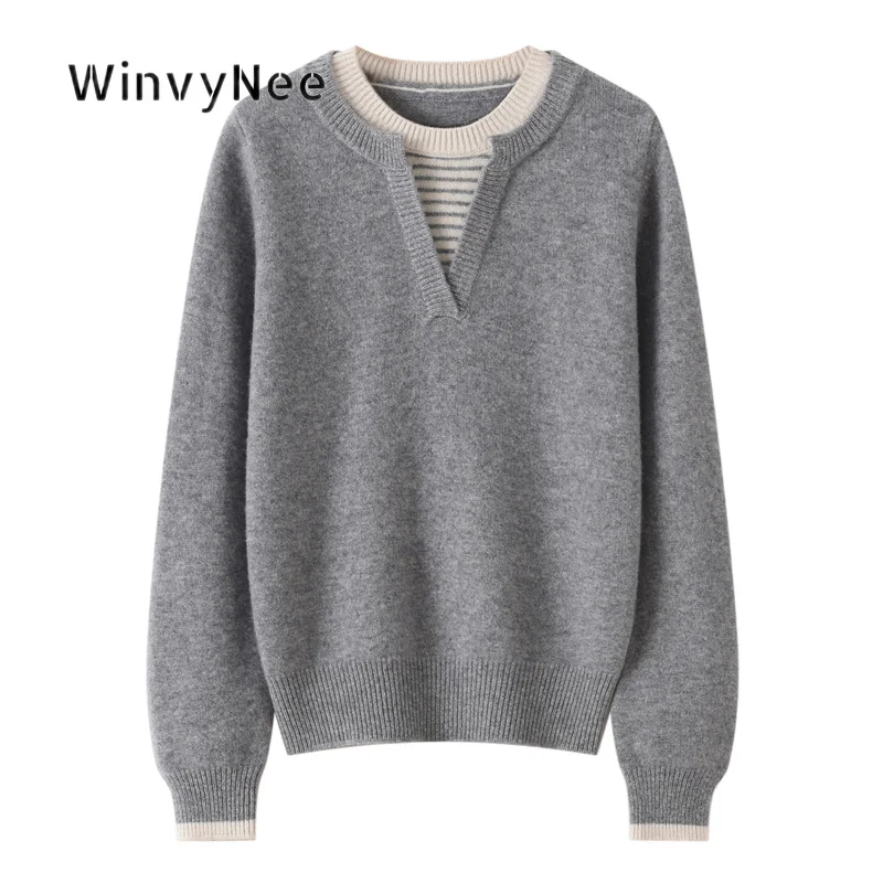 WinvyNee Women Plush Fake Two Piece Sweater 100% Wool Cutout Neck Long Sleeve Knit Top Autumn Winter Soft Smooth Basic A1523090A