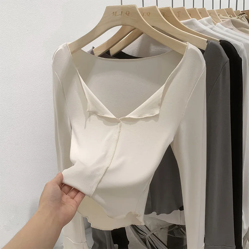 

French V Neck Soft Glutinous Shoulder Long Sleeved Base Autumn Pure Desire To Slim Fit Versatile Milk Apricot T Shirt Top