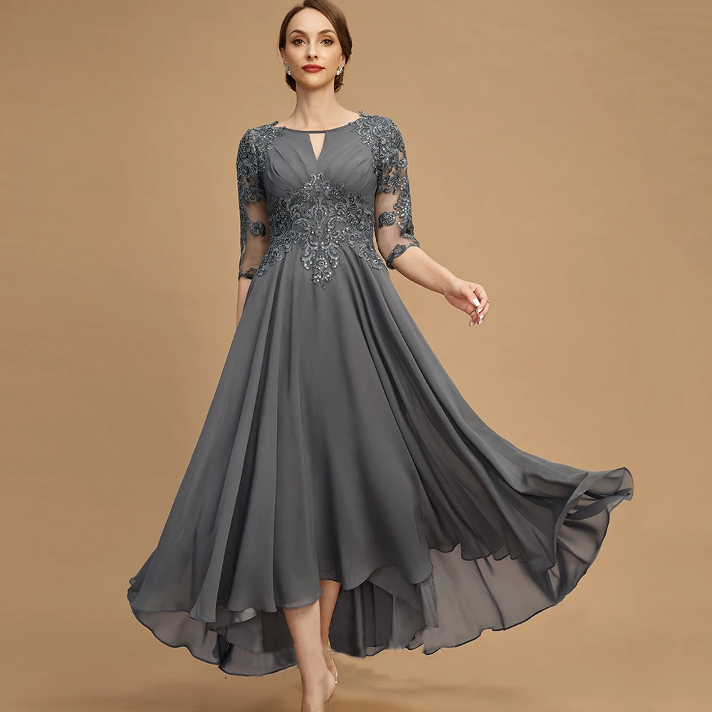 Einfache A-Line Mutter Der Braut Kleid Oansatz Halbe Hülse Spitze Appliques Pailletten Knöchel-Länge Abendkleid Grau Chiffon MOM Kleid