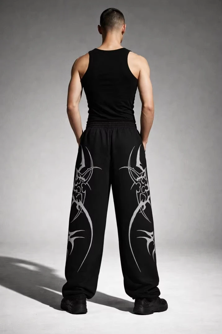 Men Y2K Baggy Sweatpants Gothic Tribal Tattoo Print Elastic Waist Wide Leg Pants Dark Streetwear Hip Hop Casual Trousers