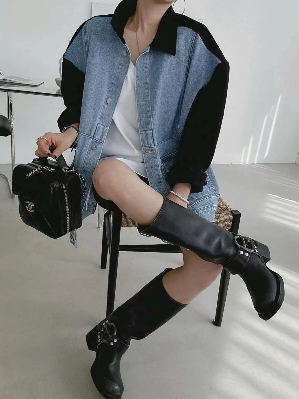 

Loose Retro Design Sense Hong Kong Sle Splicing Denim Jaet Women's Autumn New Arrival Open Cardigan Top Fem Faion