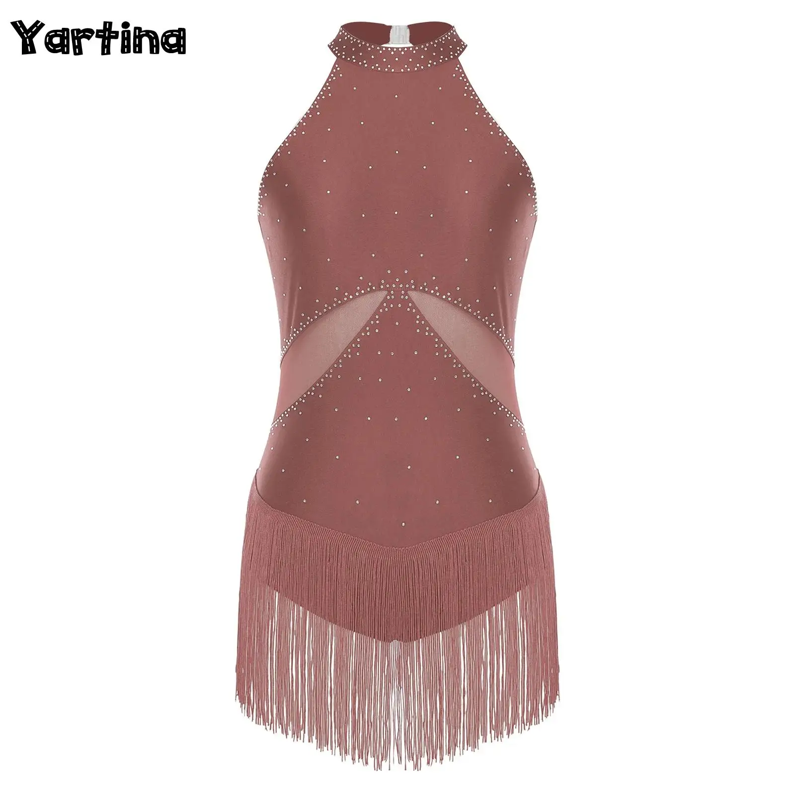 

Womens Latin Chacha Ballet Dance Performance Leotard Costume Sparkly Rhinestone Tassel Mesh Patchwork Back Hollow Out Bodysuit