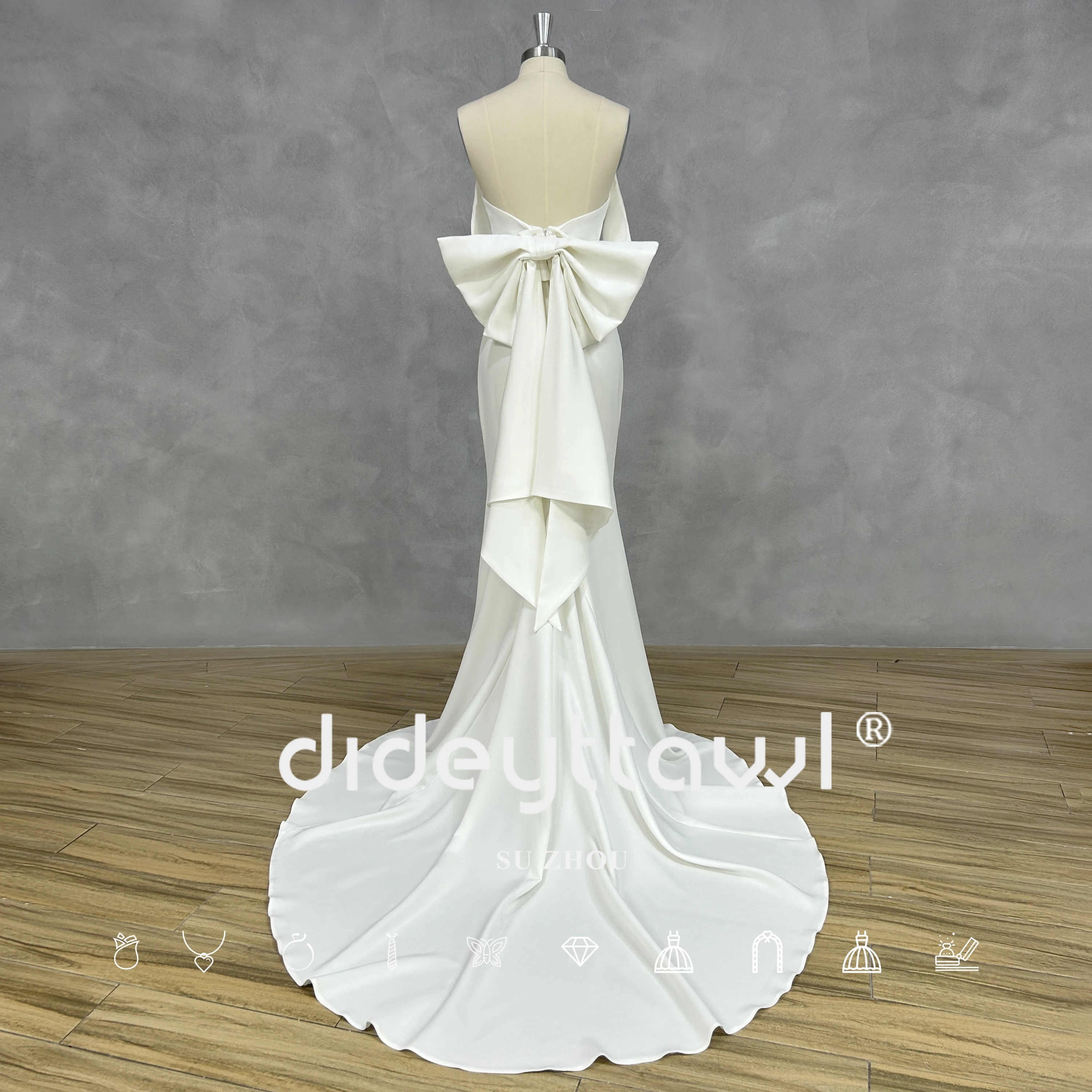 DIDEYTTAWL Real Picture Off-Shoulder Crepe Mermaid Wedding Dress Zipper Back Detachable Bow Court Train Bridal Gown Custom Made