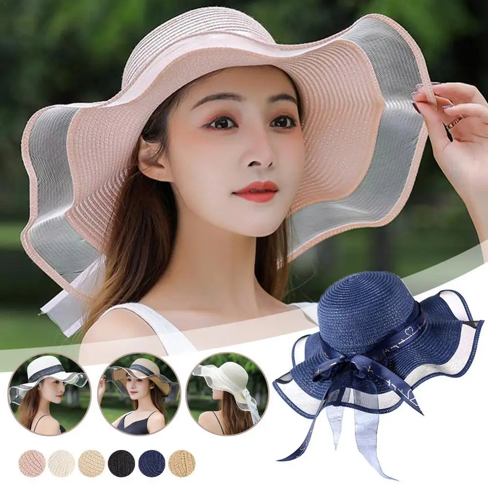 

2025 Шляпа от солнца Пляжная шляпа Приморская мода с бантом Кружева с большими полями Соломенная шляпа для отдыха на берегу моря Легкая дышащая женская летняя шляпа от солнца
