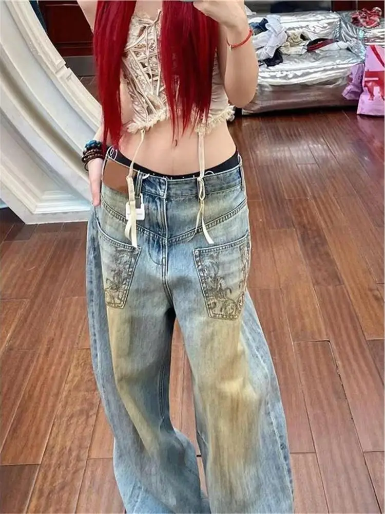 

Джинсы из денима с высокой талией в стиле ретро. Женские брюки длиной до пола с вышивкой. Окрашенные грязью. Повседневные джинсы.