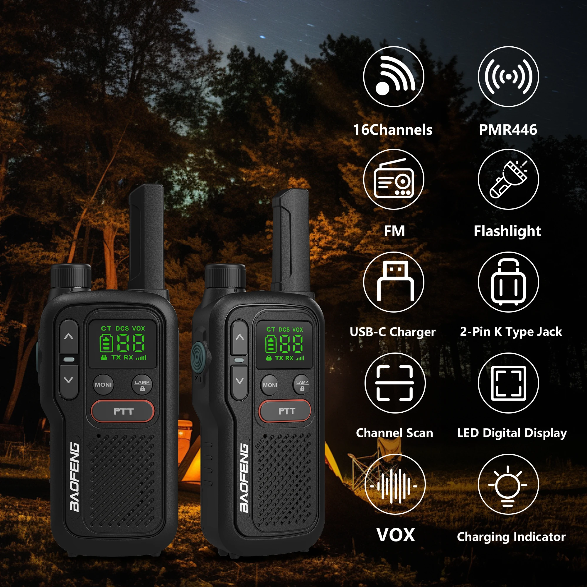 Baofeng  BF-T18 Mini Walkie Talkie PMR446MHz Long Range Rechargable Portable Kids Two Way Radio USB-C Charger For Camping Trip