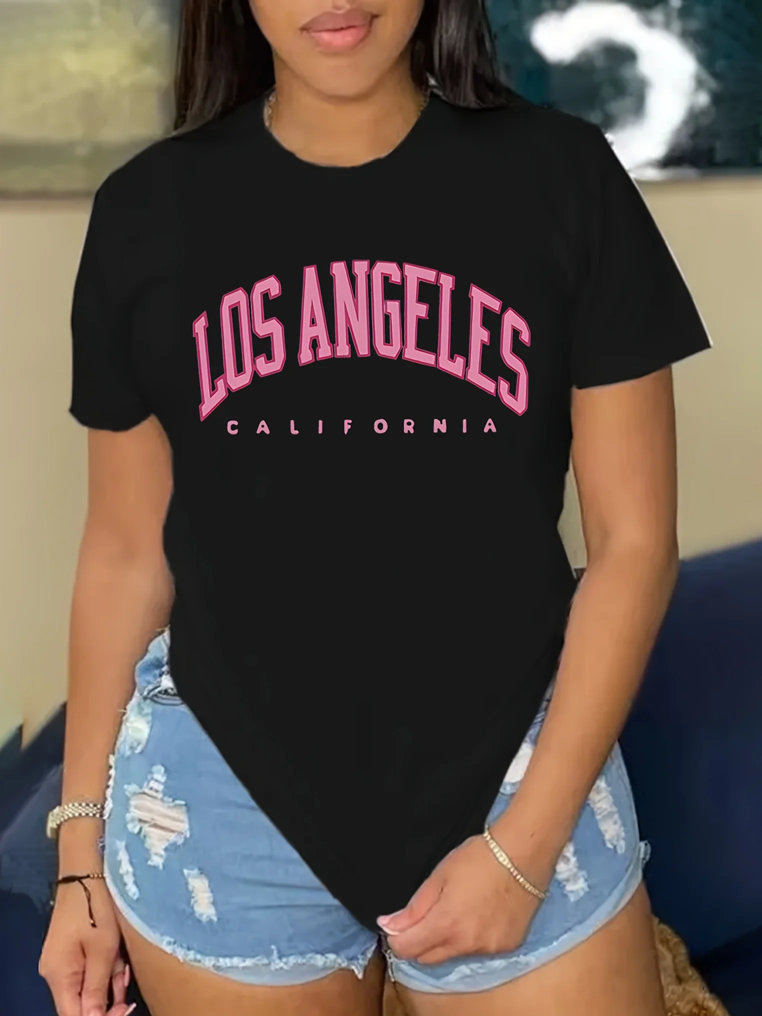 T-shirt alla moda con stampa di lettere LOS ANGELES - Top da donna girocollo a maniche corte traspirante per abiti estetici estivi alla moda