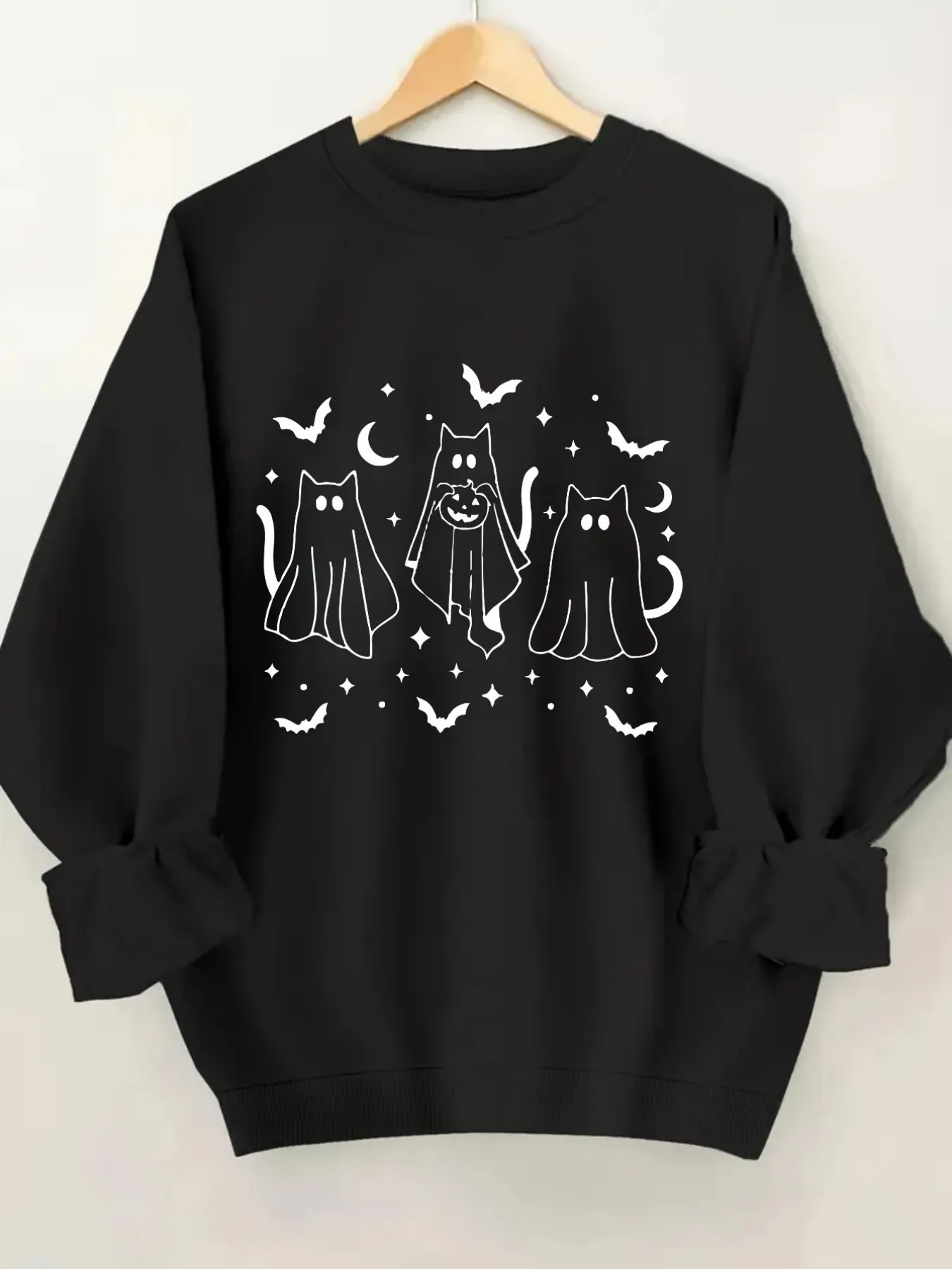 Women's Crew Neck Pullover Sweatshirt Halloween Cat Print Design, Soft Casual Long Sleeve, Daily Casual Top Outfit, Winter Women's Clothing, Halloween Costume Outfit
