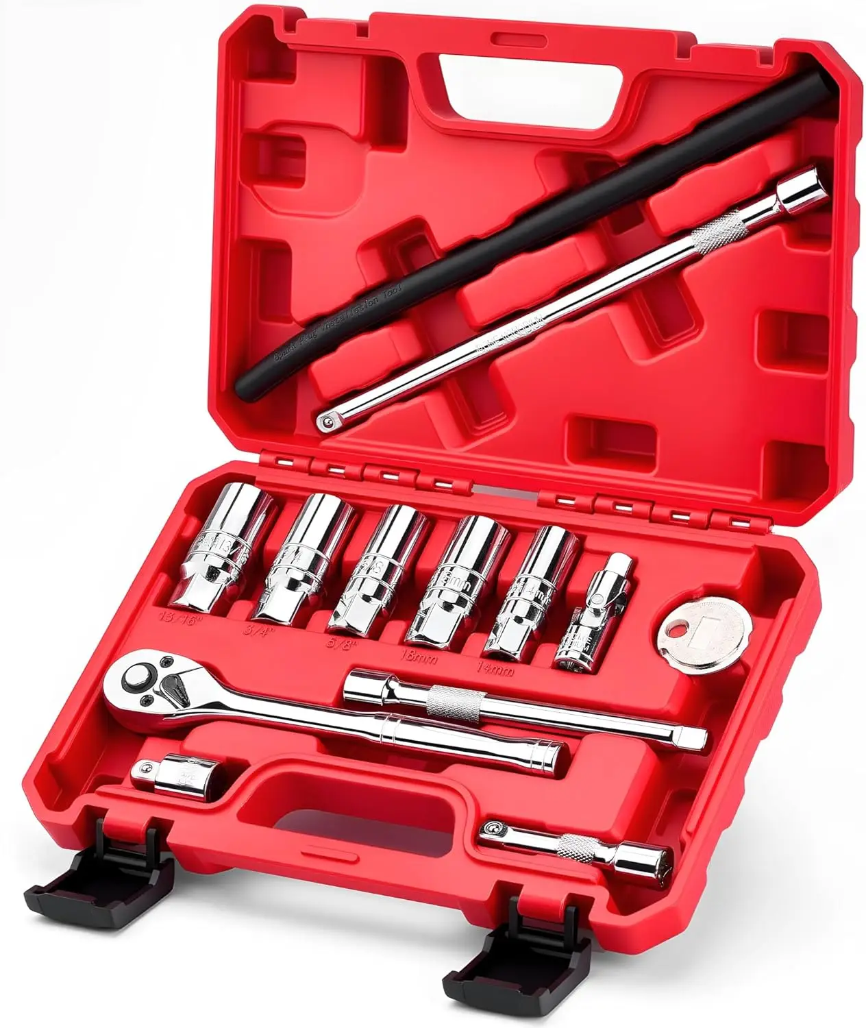 

13pc 3/8" Spark Plug Socket Set with Installation Tube, Ratchet Wrench, Extension Bars, Gap Tool, U Joint, Adapter