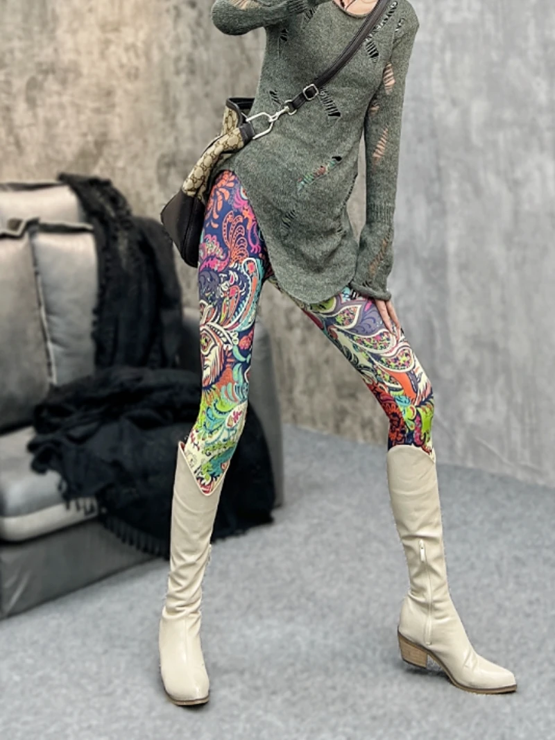 

Women's Yoga Pants Elastic n Sle Flower Patterned Slim Fit Nine Pointed Base Layer Trousers Casual Loose Waist