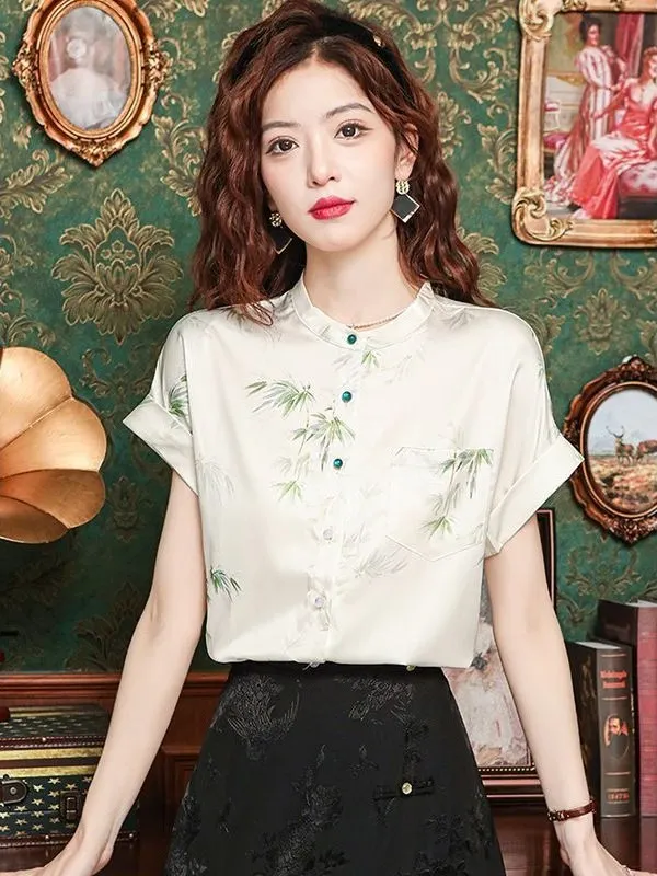 

Summer New Sle Women's ort Sve Printed irt Beautiful Design Chinese Sle Top Faionable Small irt Straight Cut P...