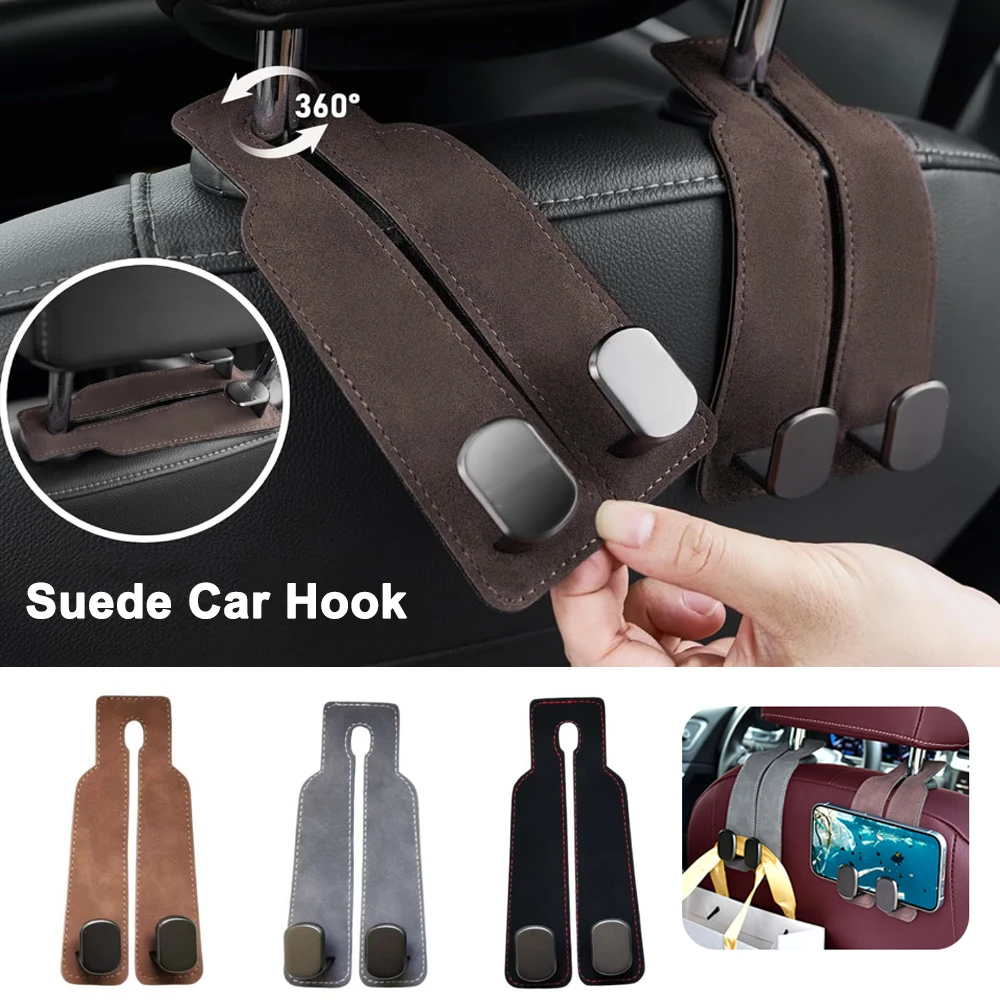 2 in 1 car headrest Hidden Hook with Cell Phone Holder Car Back Seat Hook Universal for Purses and Bags Suede Car Seat Hanger