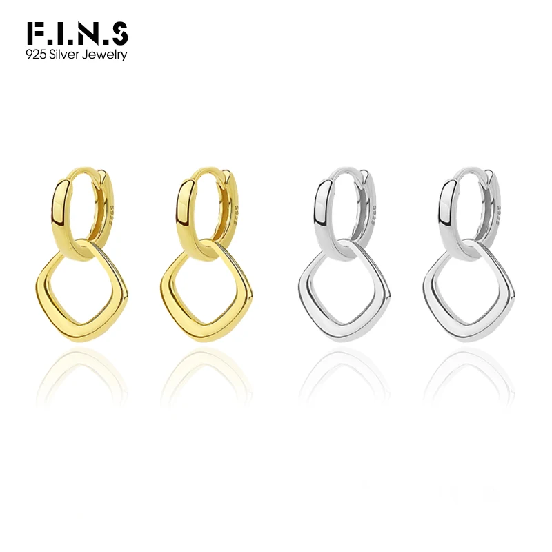 

F.I.N.S Simple 925 Sterling Silver Gold Circle Square Drop Earrings Geometric Small Hoops Huggies Piercing Ear Fine Jewelry