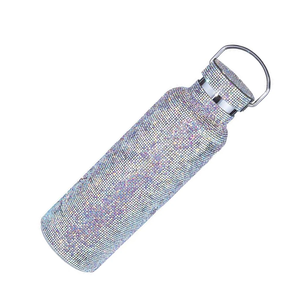 

350/500/600/750ml Glitter Vacuum Flask Insulated Rhinestone Straight Cup Bottle Stainless Steel Kettle Silver/750ml