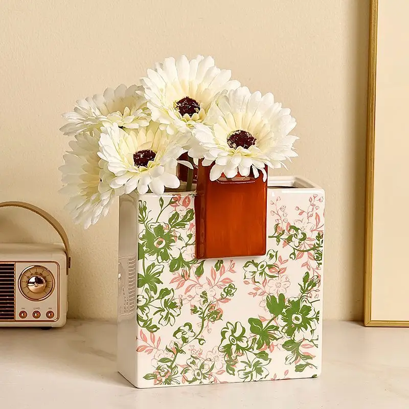 

Luxury Handled Floral Ceramic Vase - Artistic Home & Office Décor, Elegant Entryway Living Room Centerpiece