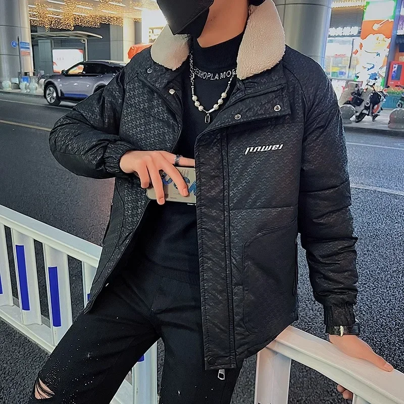 Winter Houndstooth PU Leather Jackets Men Embroidered Cotton Warm Coat Faux Fur Collar Casual Puffer Parkas men clothing 2023