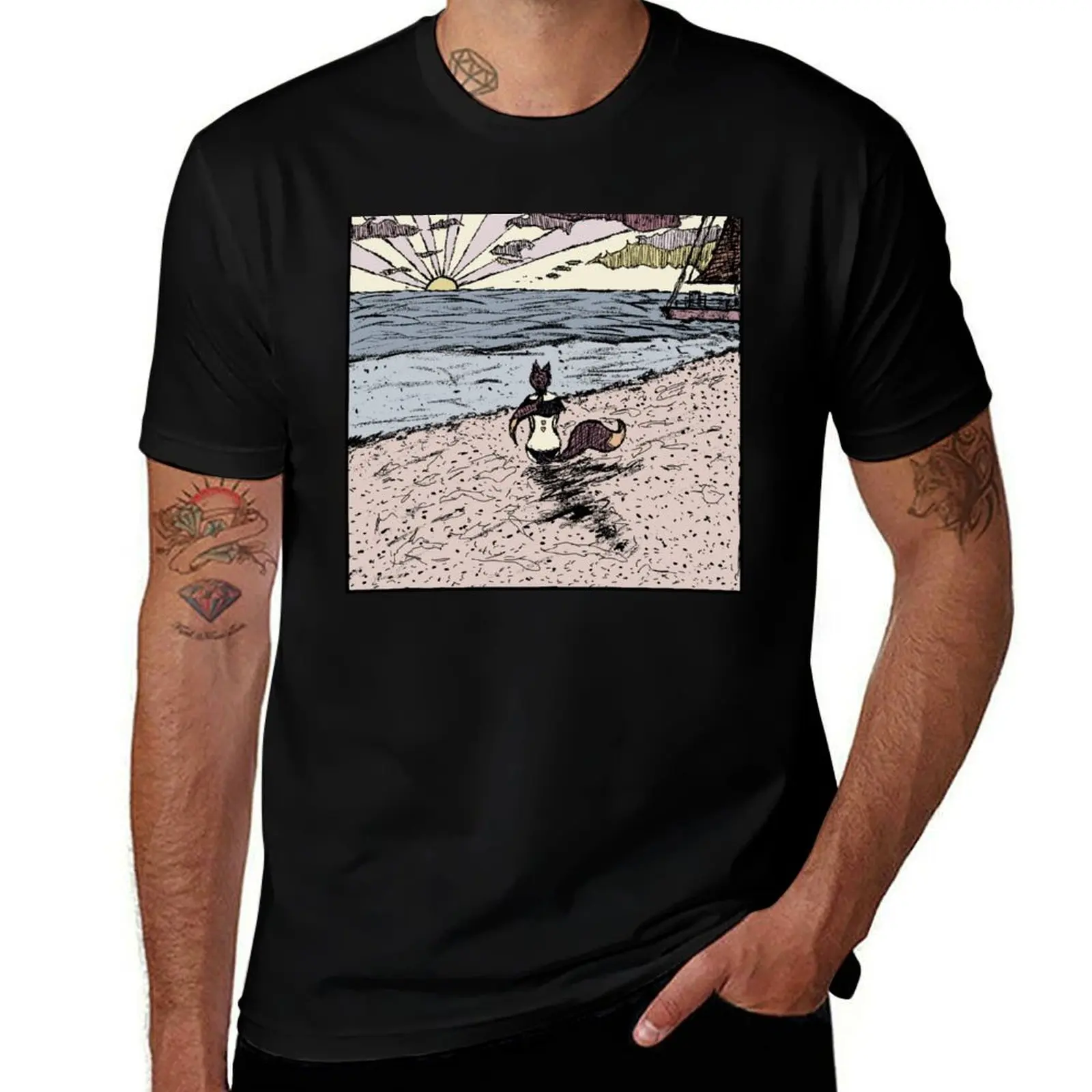 Wolf Ears Fox Tail Sunset T-Shirt Plus Size Basic Cotton T-Shirt