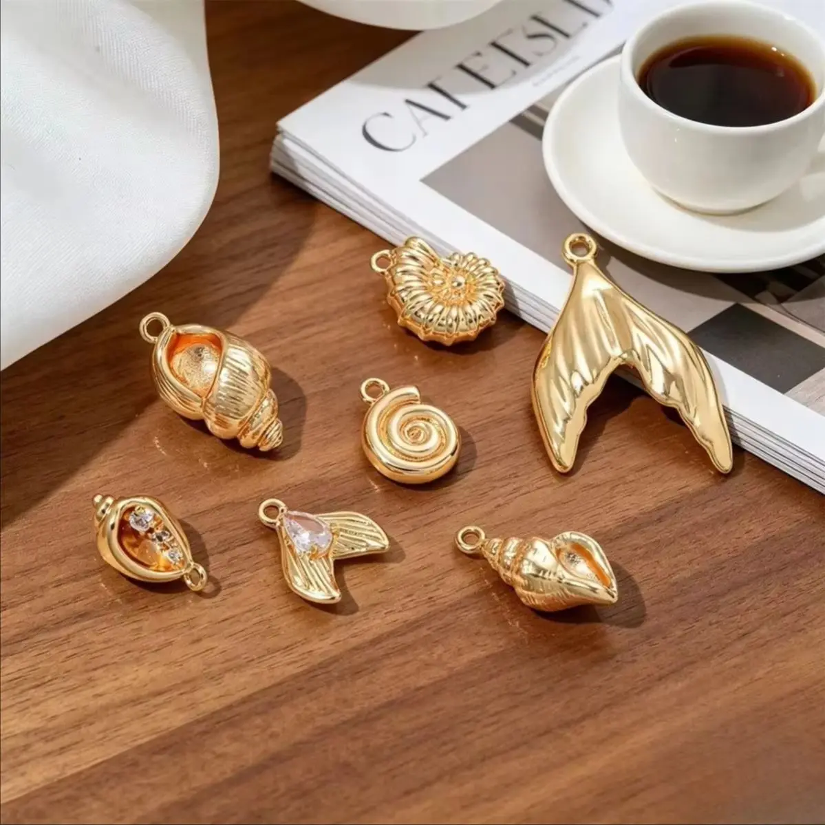 Ocean Series CZ Mermaid Tail Conch Charms Brass 14K Gold Plated Anti‑tarnish For DIY Bracelet Earring Findings