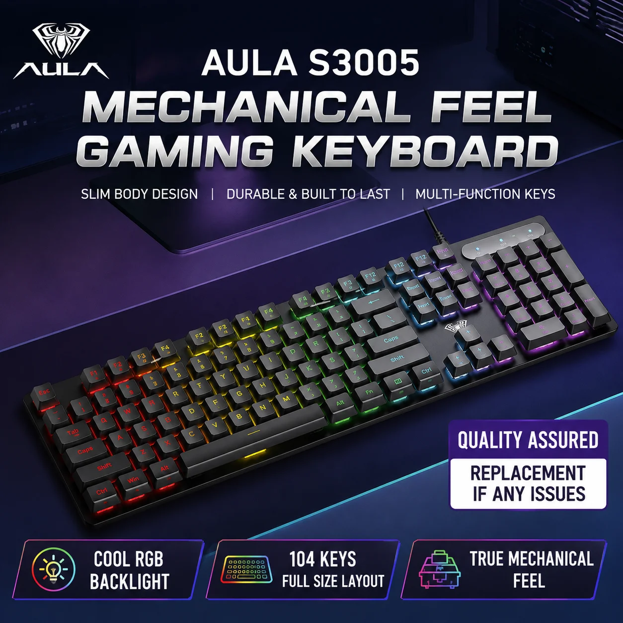 Teclado de jogos com fio USB AULA S3005, com 104 teclas, teclado com sensação mecânica para uso em laptops, PCs e no escritório.