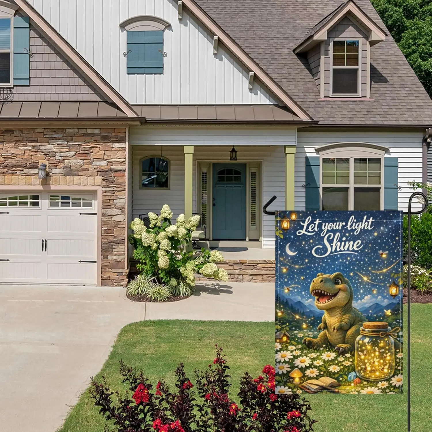 Funny Tyrannosaurus Rex Garden Flag 28x40Inch Double Sided Let Your Light Shine Home Farm Decor,Cute Animal Fireflies Daisie AAS