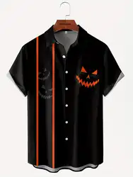 Halloween striped ghost men's colorblock short sleeve lapel shirt, summer men's casual button-down top, men's gift