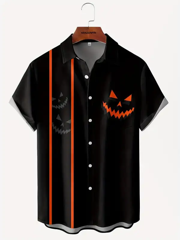 Halloween striped ghost men's colorblock short sleeve lapel shirt, summer men's casual button-down top, men's gift