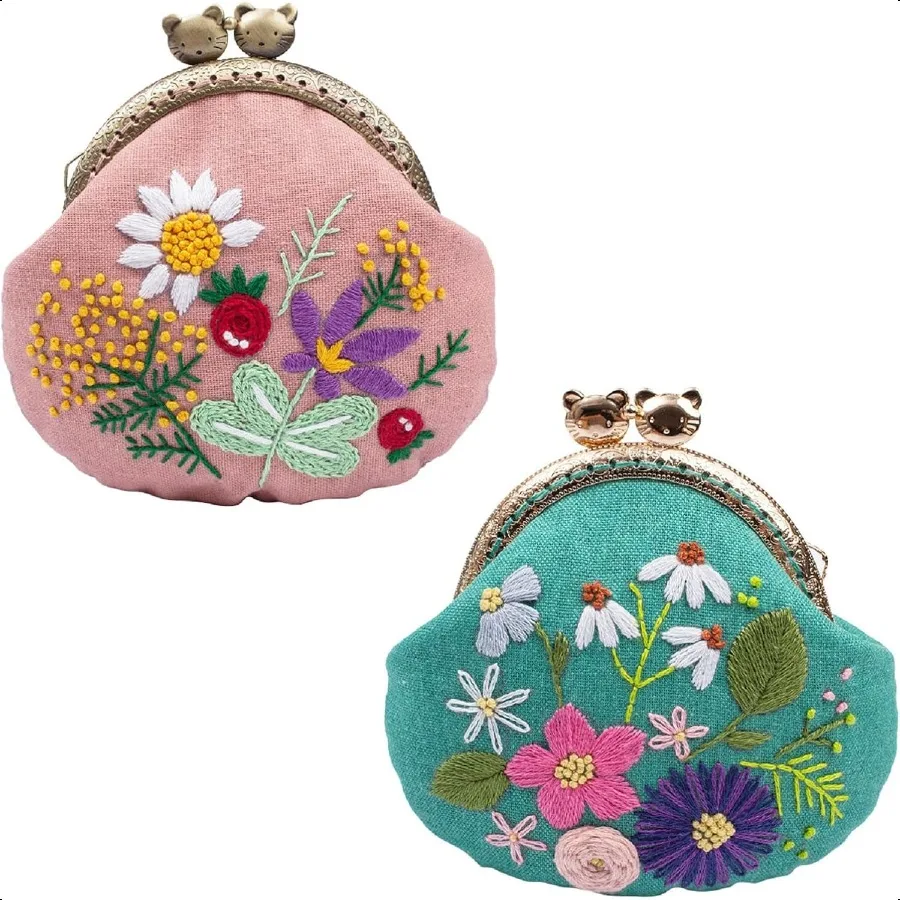 

2 Sets Stamped Embroidery Coin Purse Kits for Beginners Handmade DIY Embroidered Clutch Starter Kit with All plies Tools Bamboo