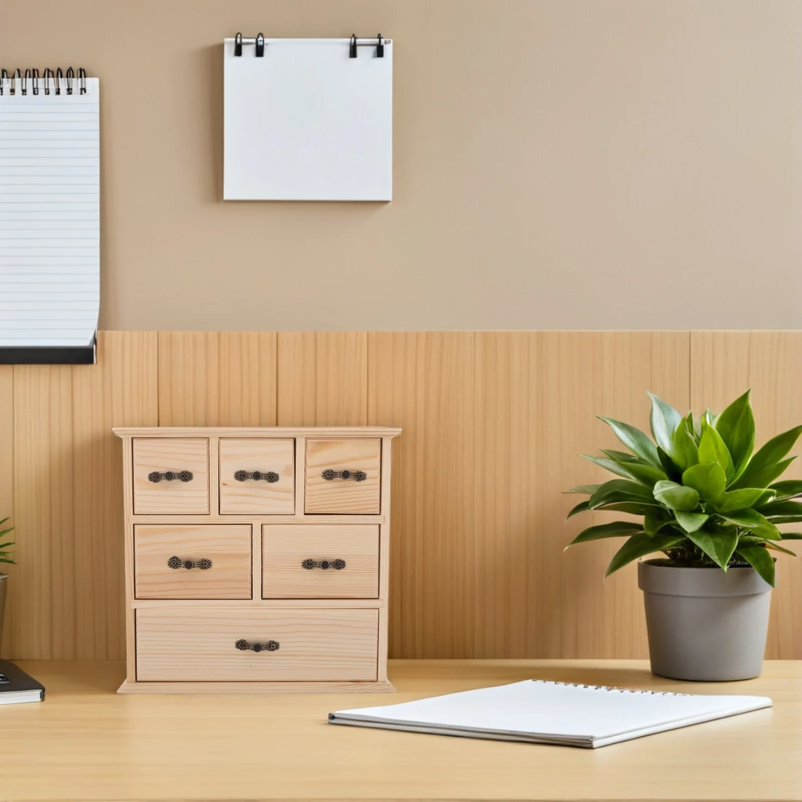 صندوق منظم سطح المكتب الخشبي 6 أدراج خزانة مكتب صغيرة صندوق الطاولة لمستلزمات ملف الماكياج والقرطاسية المكتبية