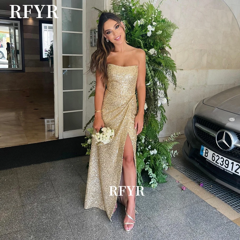 

RFYR Shiny Prom Dress Glitter Evening Dress Side Slit Luxury Party Dress for Arabic Women vestidos de fiesta Customized
