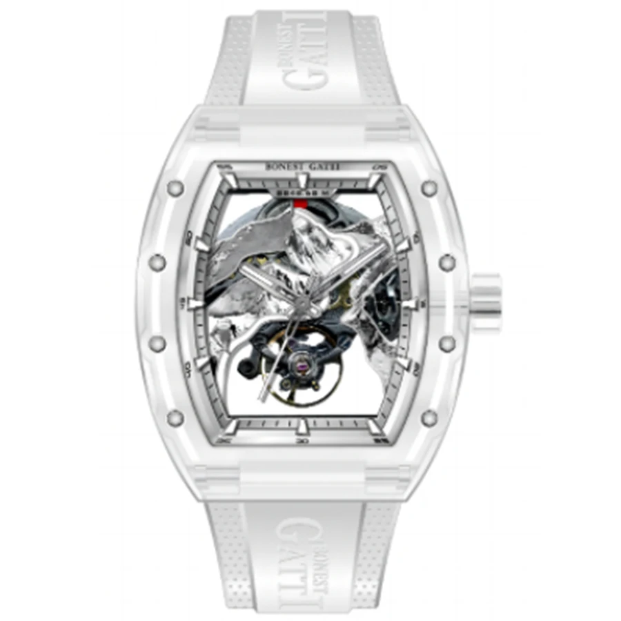 BONEST GATTI Men Automatic Watch Tonneau Mechanical Wristwatch Crystal Case Sapphire Luminous Fluororubber Strap 3D Mount Everes