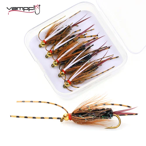 Vampfly 5 piezas cabeza de cuentas de latón patas de goma Príncipe Ninfa gancho de atado de moscas con púas # 6 señuelos de pesca Stonefly Wet Nymphs Trucha Salmón