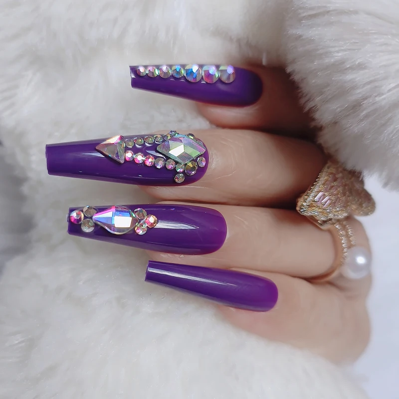 24pcs New design luxury jewelry Purple Press on nails  long ballet coffin fake nails crystal diamond High-end