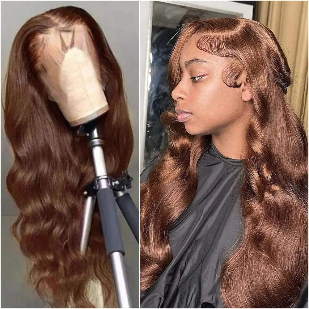 200% 밀도 30 36 인치 # 4 초콜릿 브라운 바디 웨이브 13x6 HD 레이스 프론트 브라질 100% 인간의 머리 가발 13x4 레이스 프론탈 가발