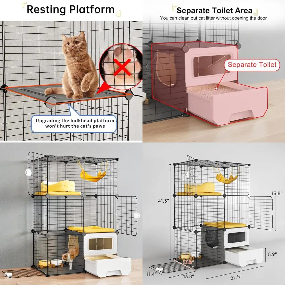 

3-Tier Indoor Metal Cat Playpen with Litter Box, Detachable and Ideal for 1-2 Kittens