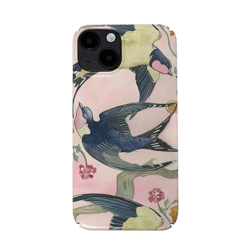 Funda de teléfono con diseño floral y golondrina de estilo chino tradicional para iPhone 16 15 14 11 12 13 Pro Max Plus contraportada
