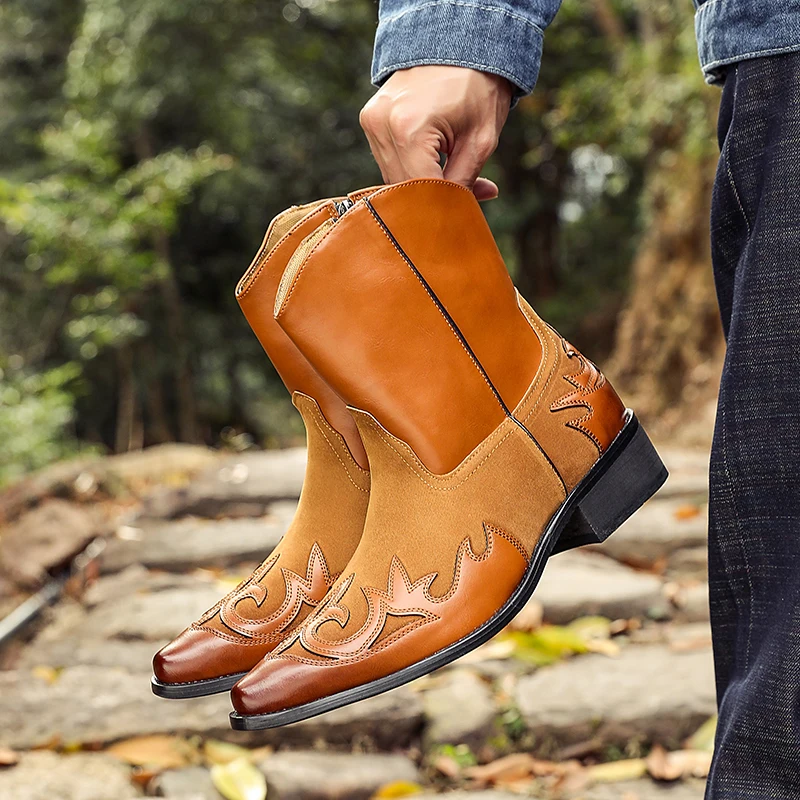 

Мужские ковбойские сапоги в стиле вестерн на высоком каблуке с острым носком, классические модные мужские рыцарские сапоги с вышивкой