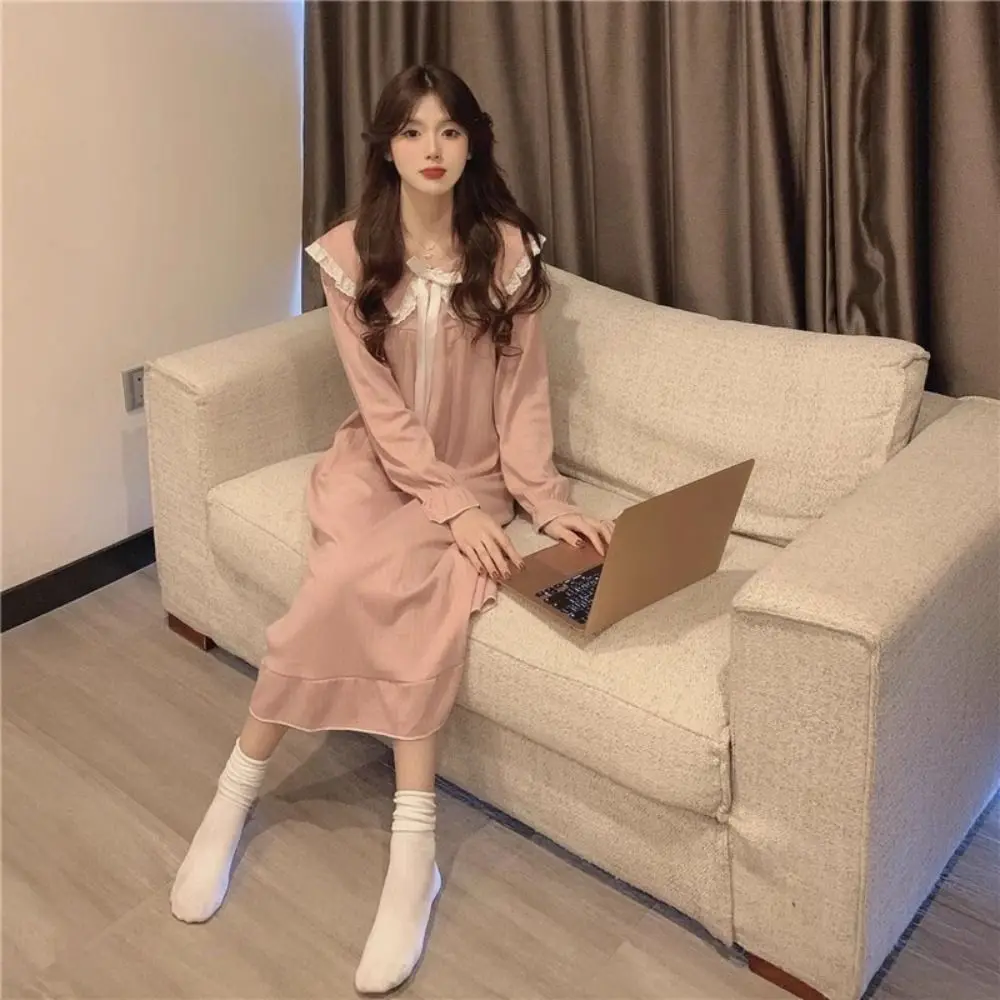 

Comfortable Lace Pajamas Nightgown Women Sweet Loose Bowknot Ruffle Nightdress Bowknot Collar Long Sleeve Sleepwear Girl