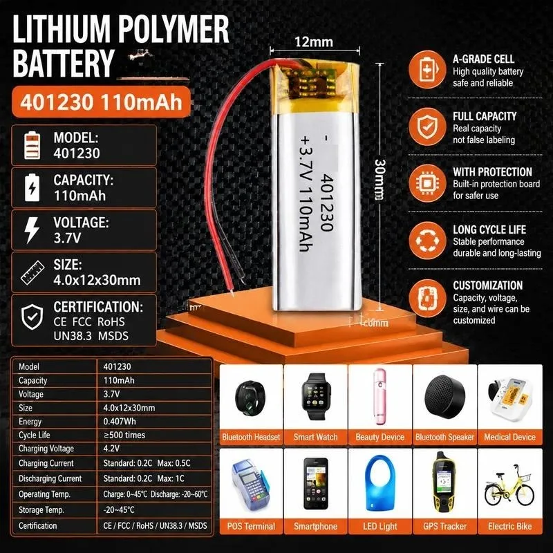 100pcs 401230 Polymer Lithium 120mAh Bluetooth Headset Electric Toy Recorder Battery 3.7V Rechargeable