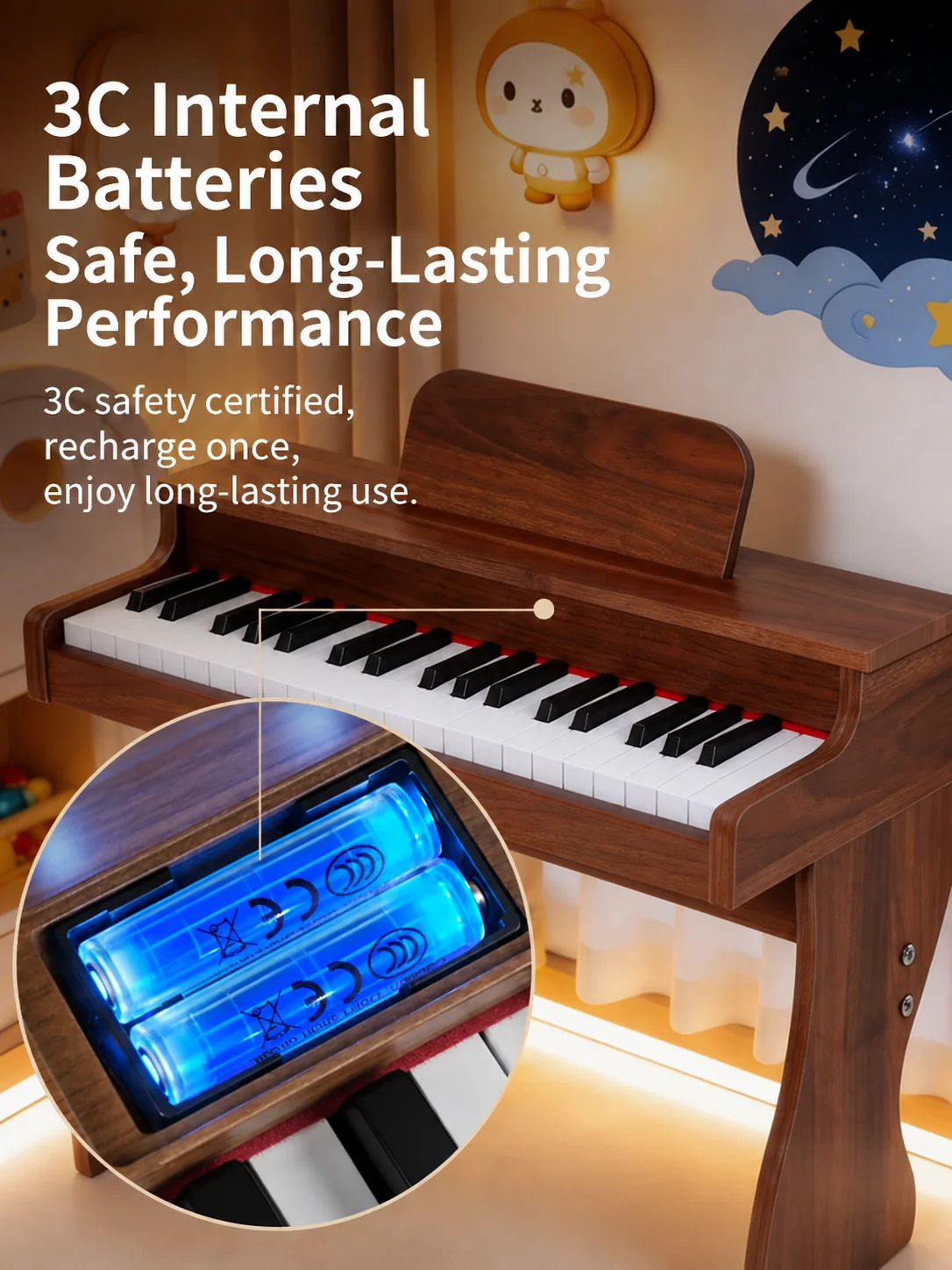 37 Keys Wooden Kids Piano Electronic Keyboard with Stool Rechargeable Musical Toy with Mic for 3-8 Years Early Education Gift